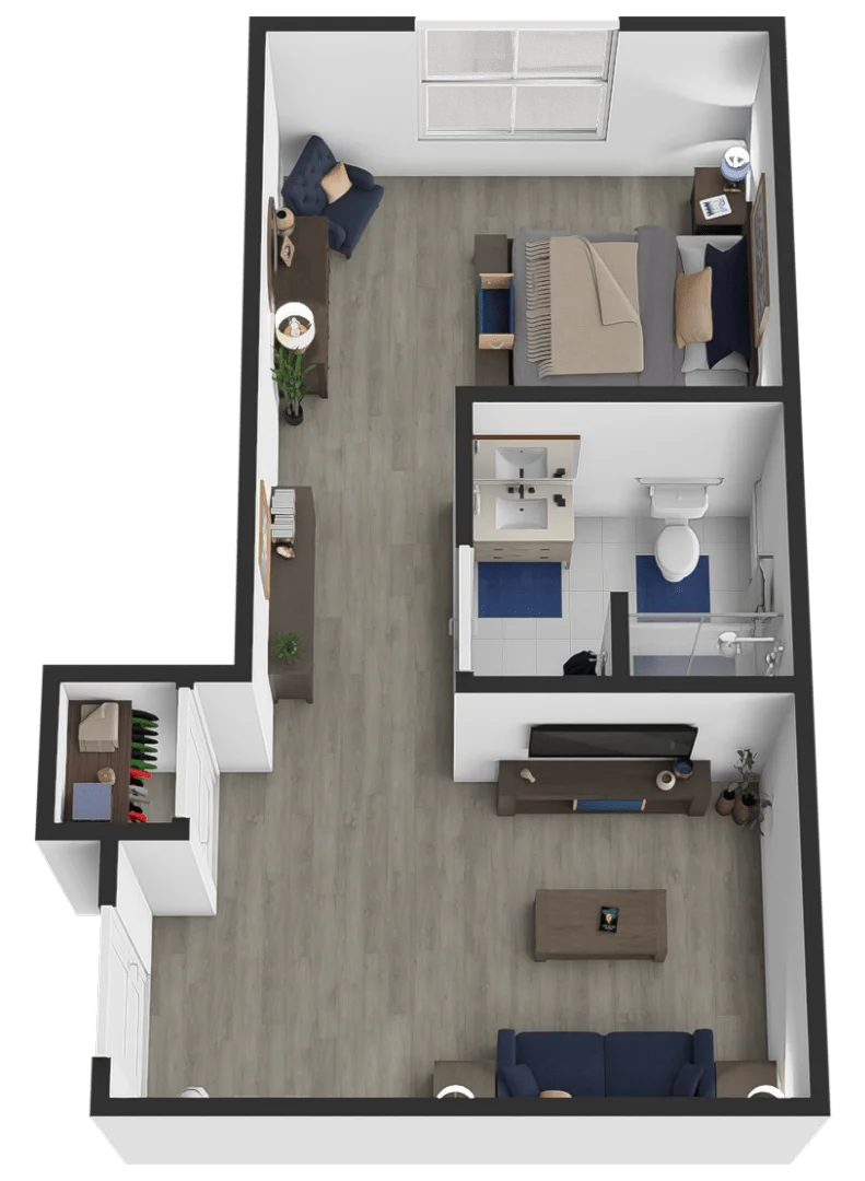 One bedroom Deluxe floor plan, approximately 460 square feet