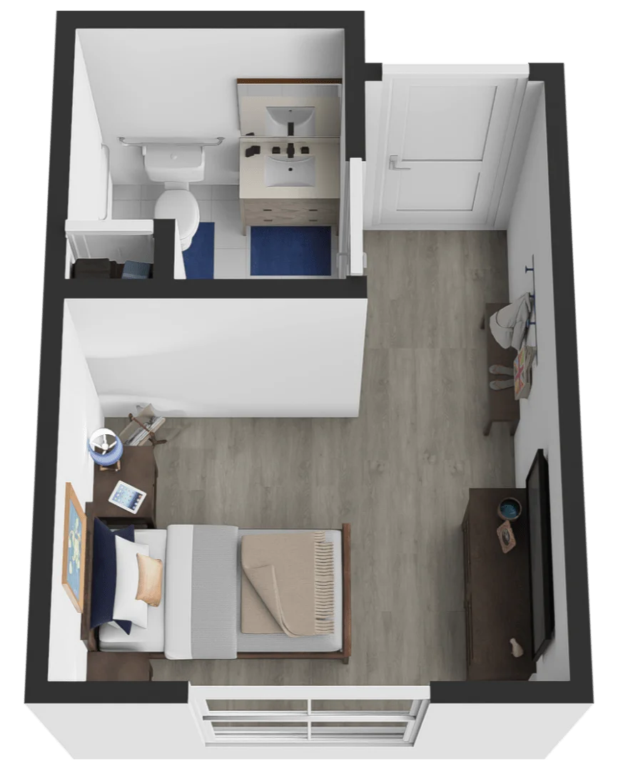 Memory care private suite floor plan, approximately 152 square feet