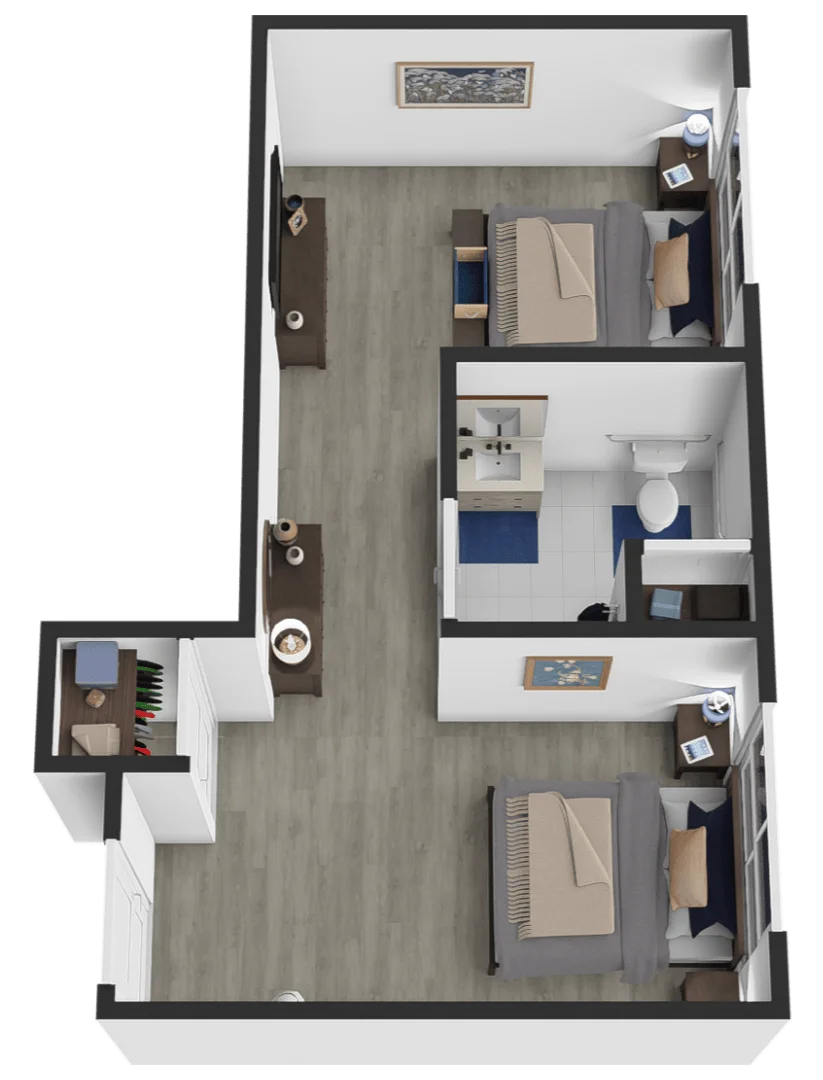 Memory care shared suite floor plan, approximately 425 square feet
