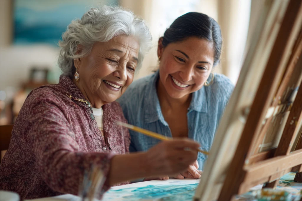 A resident painting alongside a relative