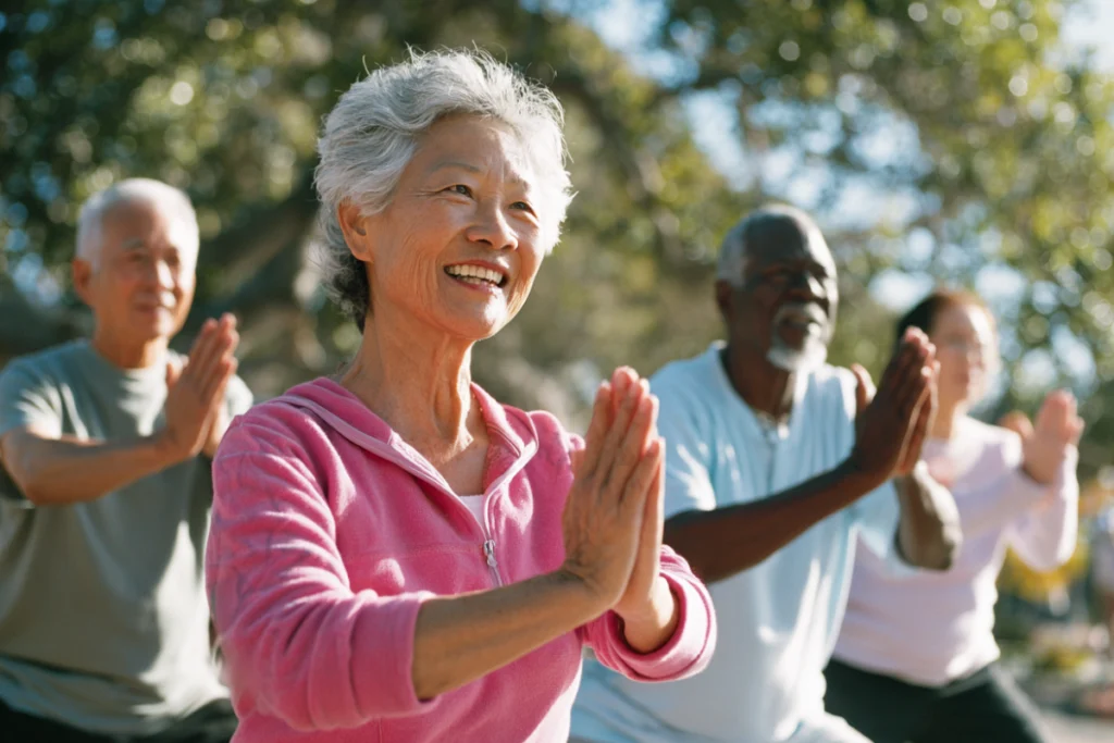 Residents doing gentle yoga outdoors