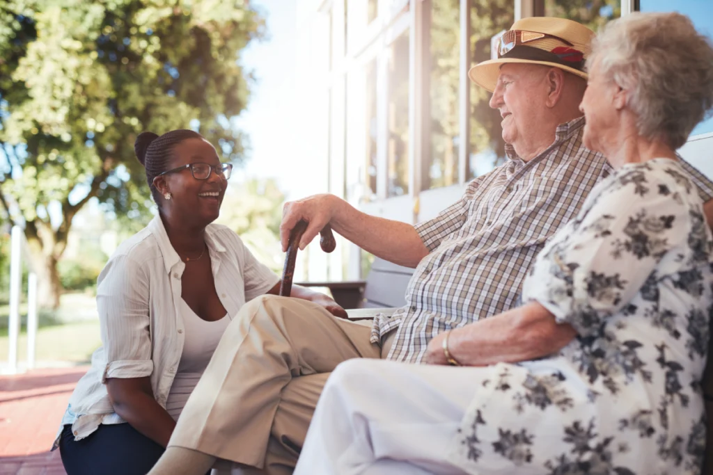 Residents outside with a team member