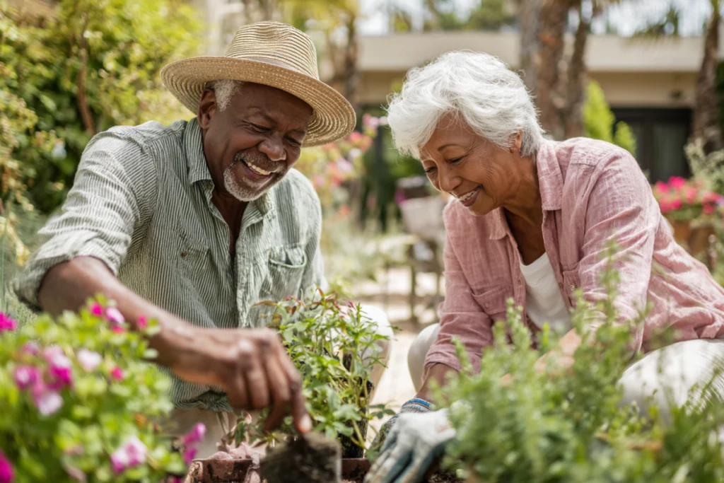Residents planting flowers together outdoors