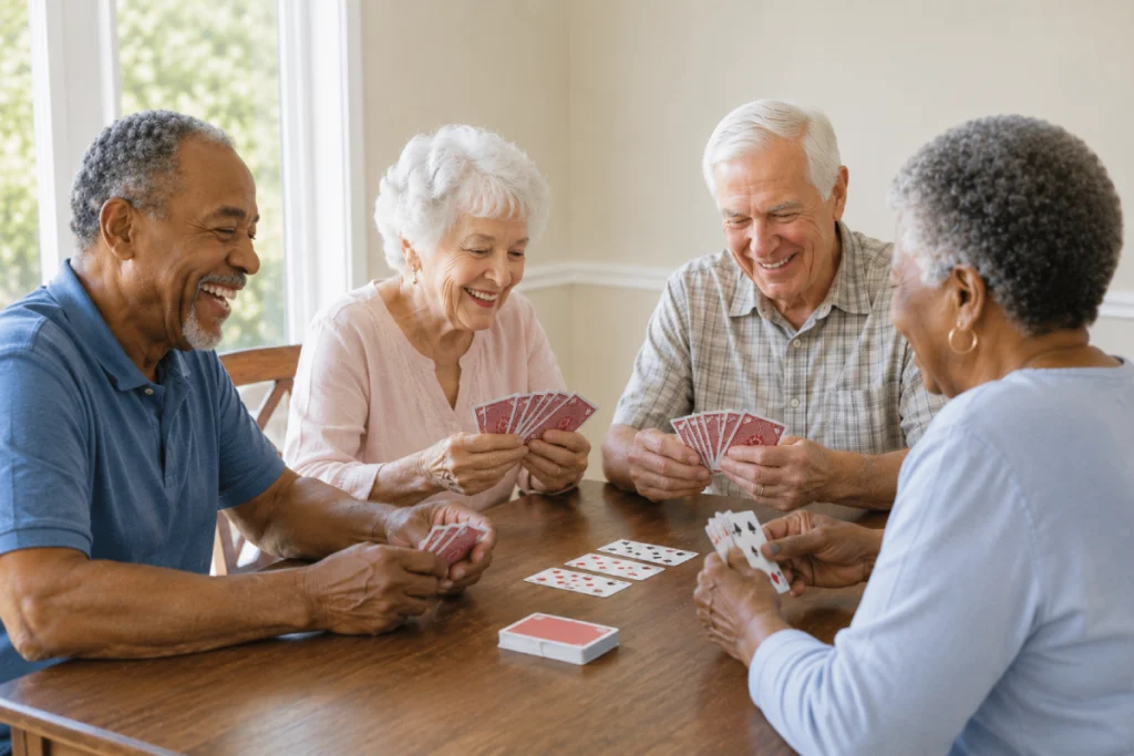 Residents playing cards together at a table