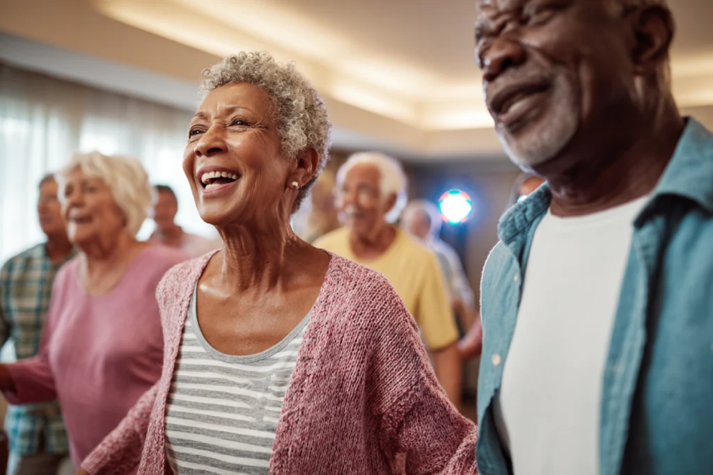 Residents singing and dancing together at an event