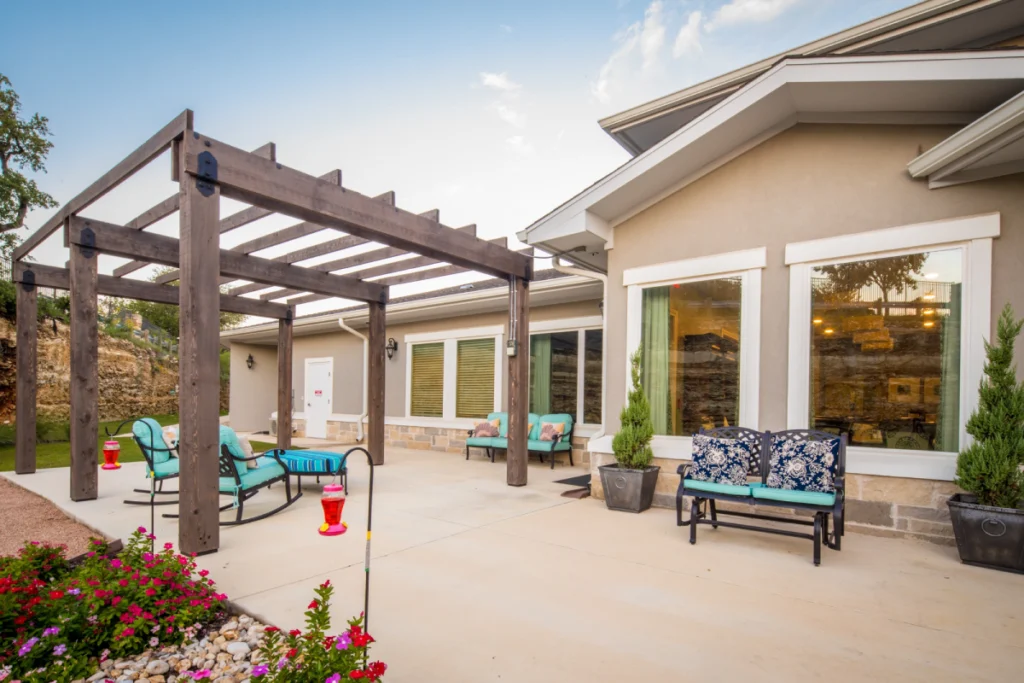 The interior courtyard with paved walking paths and seating